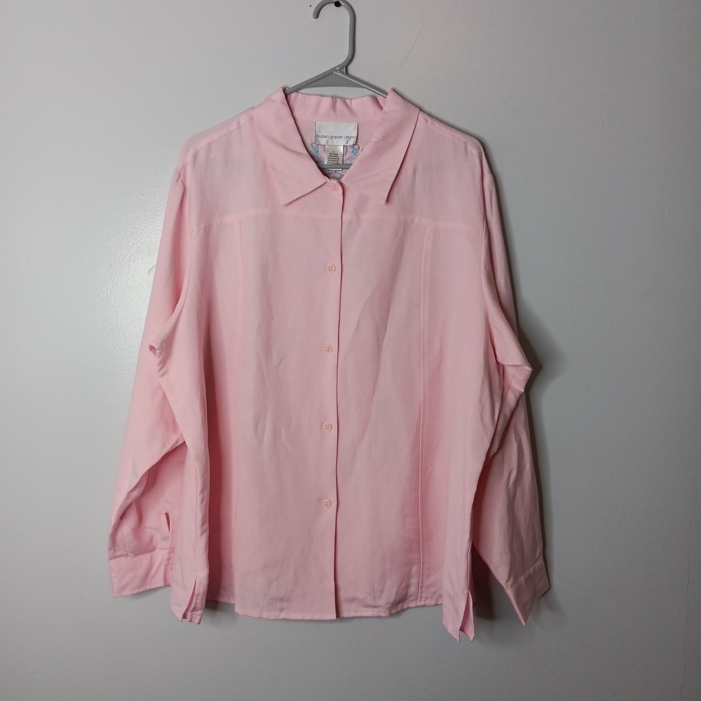 Susan Graver Style Shirt  1X Pink Embroidered Button Up Linen NWT Artsy Mature